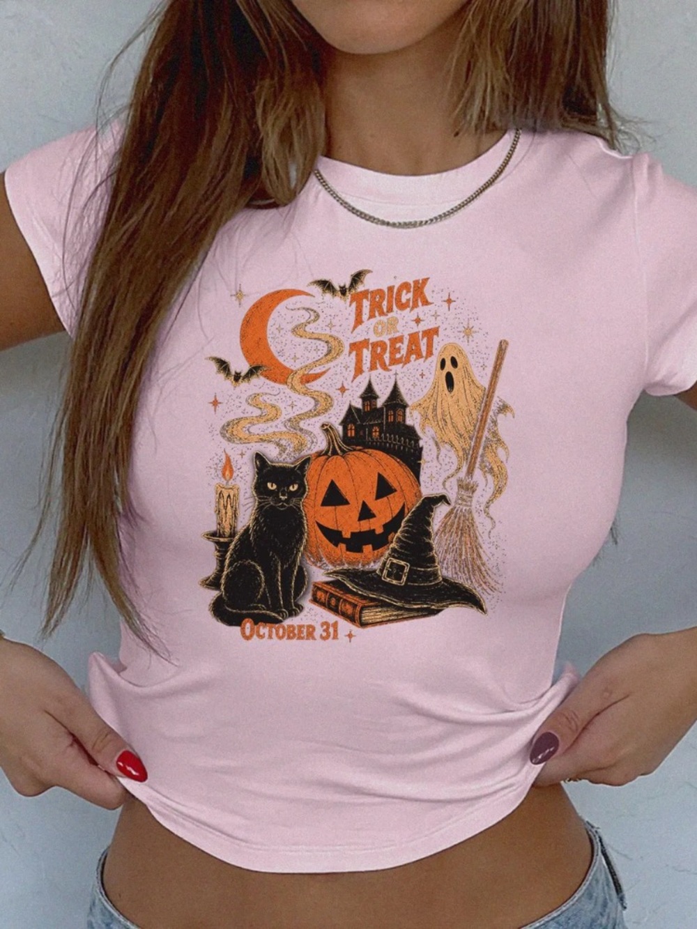 Trick Or Treat Halloween October 31 Black Cat Pumpkin Ghost Witch BabyTee